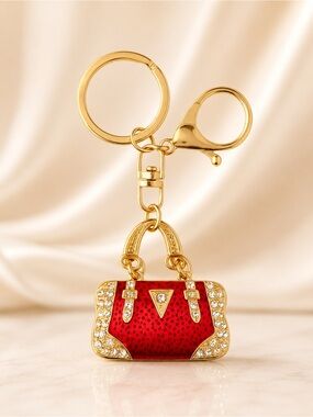 Red Rhinestone Purse Bag Charm Keychain Gold Handbag Charm Crystal Key Ring